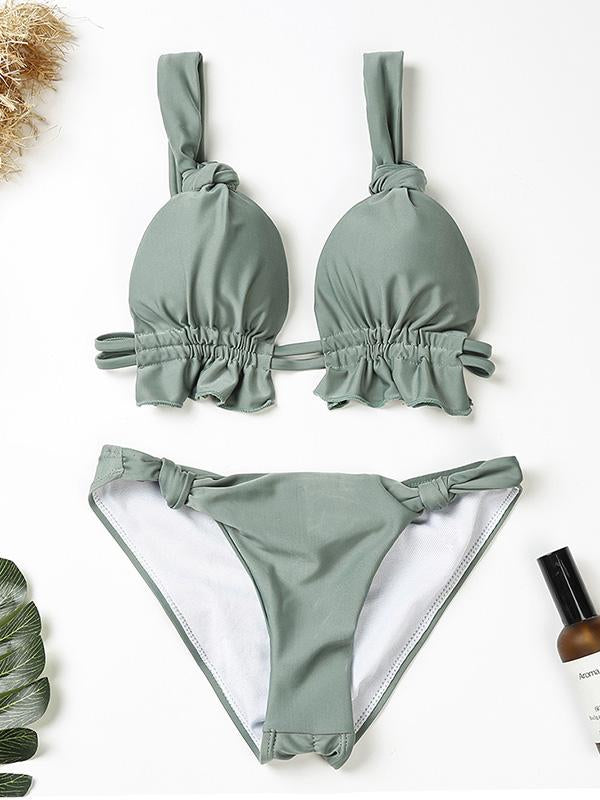 Solid Color Knotted Split Bikini Swimsuit