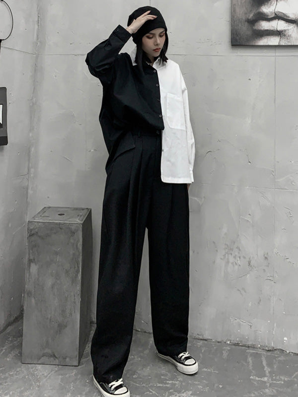 Stylish Contrast Color Split-Joint With Pocket Buttoned Lapel Color Long Sleeves Blouse