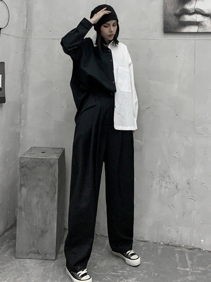Stylish Contrast Color Split-Joint With Pocket Buttoned Lapel Color Long Sleeves Blouse