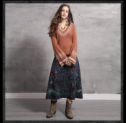 Fashion sexy wool flare sleeve pullover V-neck Vintage embroidered sweaters