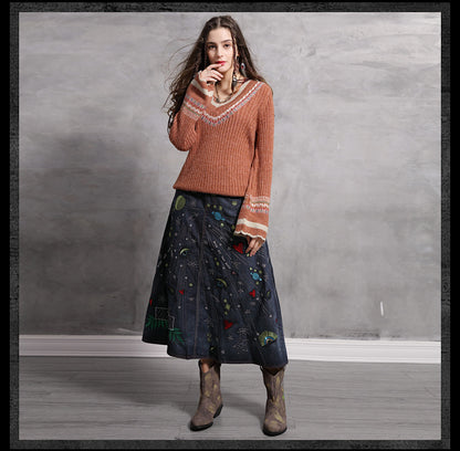 Fashion sexy wool flare sleeve pullover V-neck Vintage embroidered sweaters