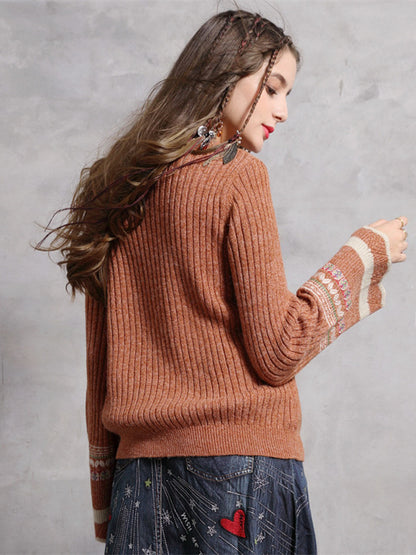 Fashion sexy wool flare sleeve pullover V-neck Vintage embroidered sweaters