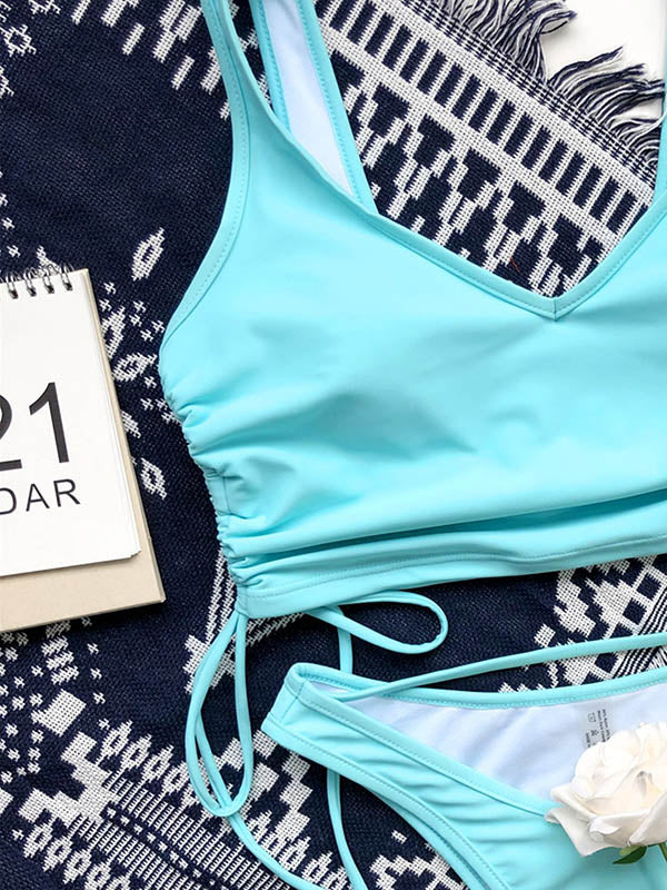 Solid Color Drawstring U-Neck Bikini Swimwear