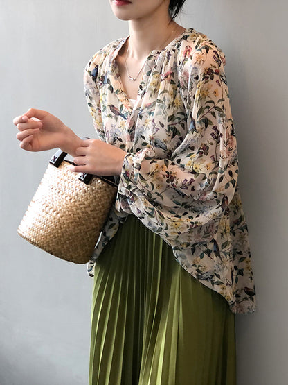 Urban Multi-Colored Floral Printed Puff Sleeves Chiffon Blouse