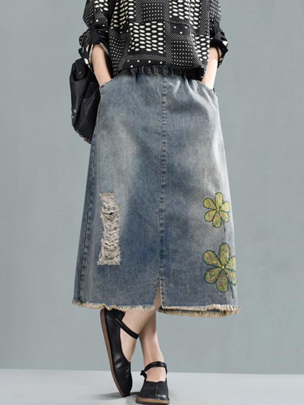 Printed Washing Style Denim Skirt