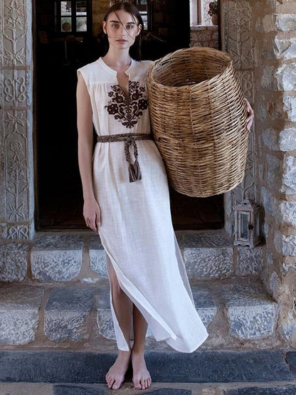 Ramie Cotton V-neck Sleeveless Maxi Dress