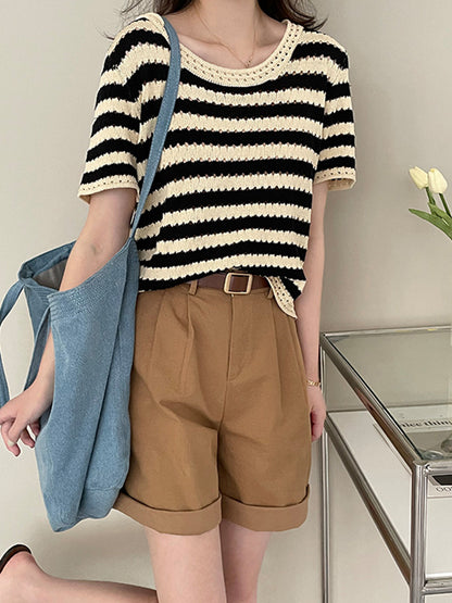 Simple Black White Contrast Color Striped Knitting T-Shirt