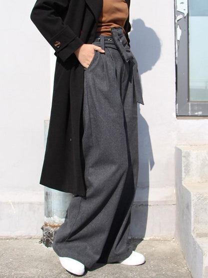 PERSONALITY BELT EMPIRE WOOLEN WIDE LEG PANTS - Zebrant