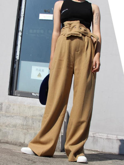 PERSONALITY BELT EMPIRE WOOLEN WIDE LEG PANTS - Zebrant