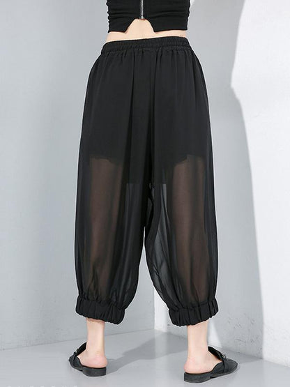 Chiffon See-through Elastic Waist Solid Wide Leg Pants  Design