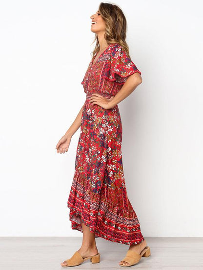 Printed Flared Sleeve Bohemian Flowers Maxi Dress