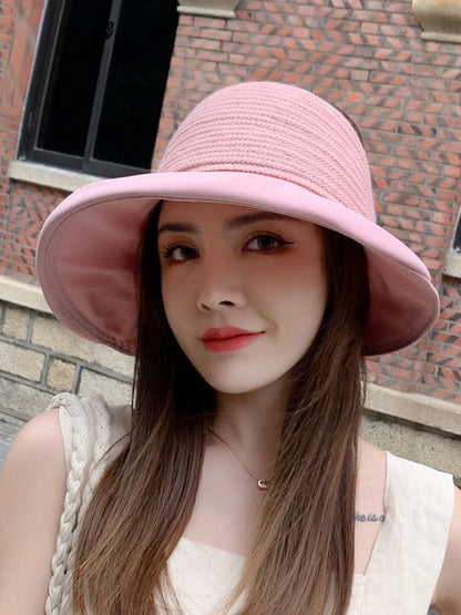 Stylish Solid Color Split-Joint Bow-Embellished Sun-Protection Large Wide Brim Knitted Hat