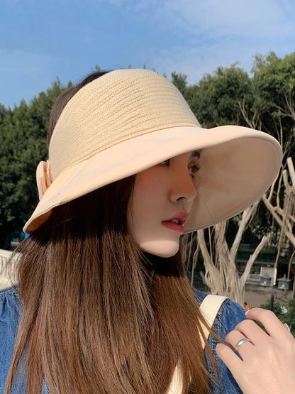 Stylish Solid Color Split-Joint Bow-Embellished Sun-Protection Large Wide Brim Knitted Hat