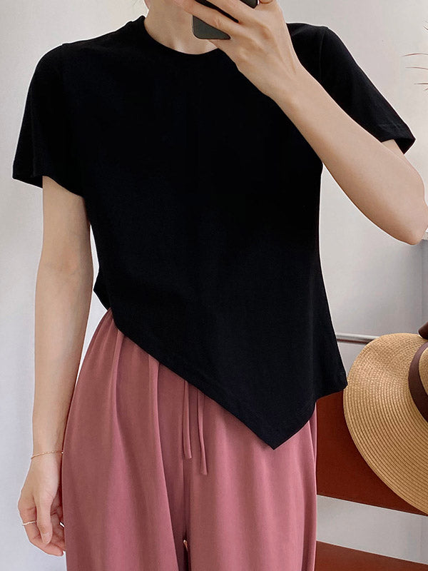 Casual Solid Color Asymmetric Round-Neck Short Sleeves T-Shirt