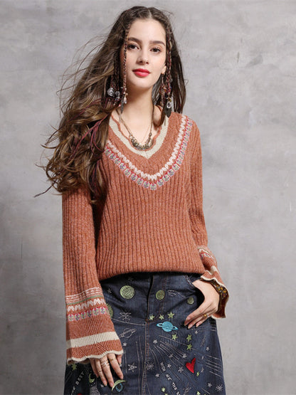 Fashion sexy wool flare sleeve pullover V-neck Vintage embroidered sweaters