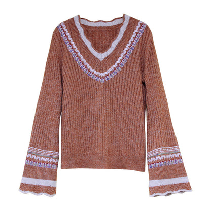 Fashion sexy wool flare sleeve pullover V-neck Vintage embroidered sweaters