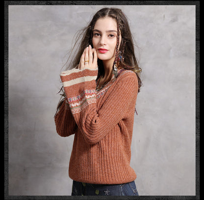 Fashion sexy wool flare sleeve pullover V-neck Vintage embroidered sweaters