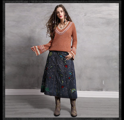 Fashion sexy wool flare sleeve pullover V-neck Vintage embroidered sweaters