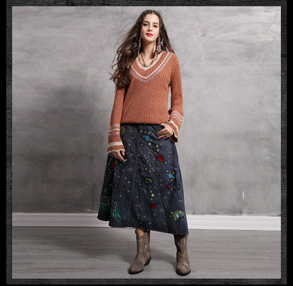 Fashion sexy wool flare sleeve pullover V-neck Vintage embroidered sweaters