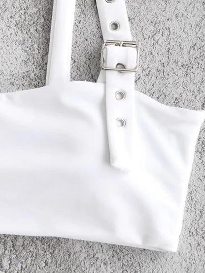 Buckle Plain Bandeau Bikini Swimsuit