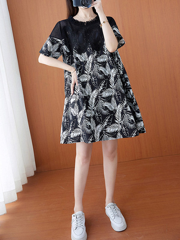 Stylish Linen Printed Split-Joint Round-Neck Lace Short Sleeves Mini Dress