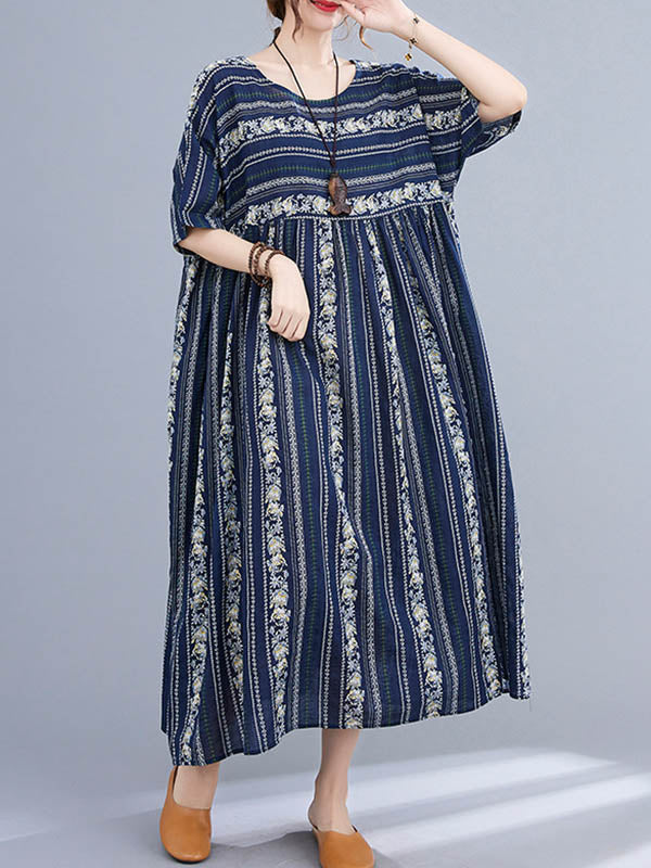 Vintage Striped Printed Round-Neck Short Sleeves Midi Dress