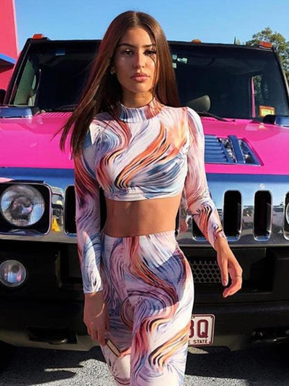 Mock Neck Long Sleeve Tees And Leggings Suits