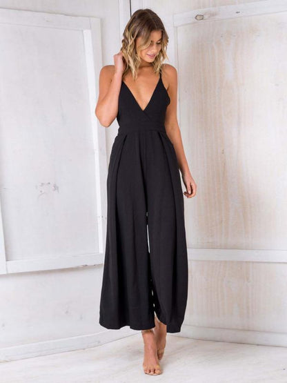 V-neck Wide Leg Backless Jumpsuit