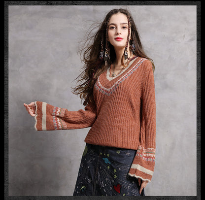 Fashion sexy wool flare sleeve pullover V-neck Vintage embroidered sweaters