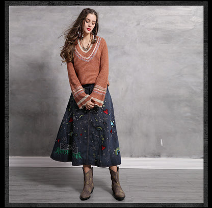 Fashion sexy wool flare sleeve pullover V-neck Vintage embroidered sweaters