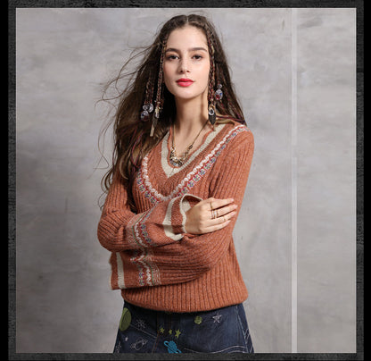 Fashion sexy wool flare sleeve pullover V-neck Vintage embroidered sweaters