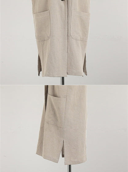 Simple Solid Color Split-Joint With Pocket Linen Notched Collar Vest Outwear