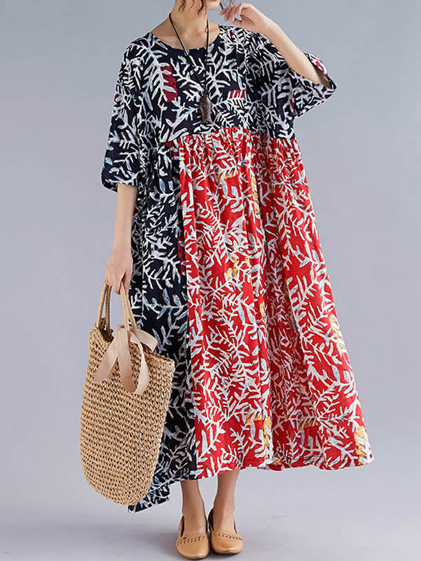 Original Printing Split-Joint Half Sleeve Midi Dress