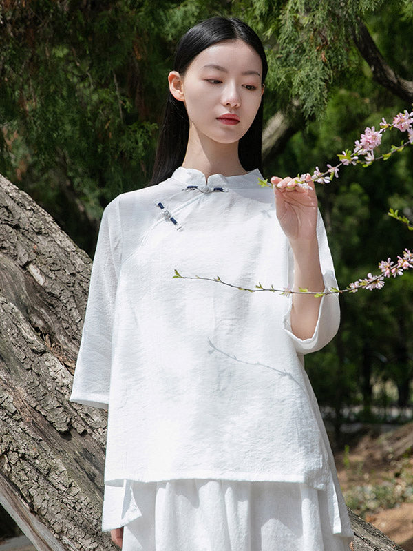 Vintage Tencel Buttoned Stand Collar High-Low Half Sleeves T-Shirt