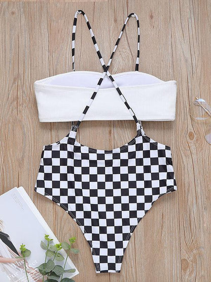 Plaid Strapless Lace-up Bikini Swimsuit