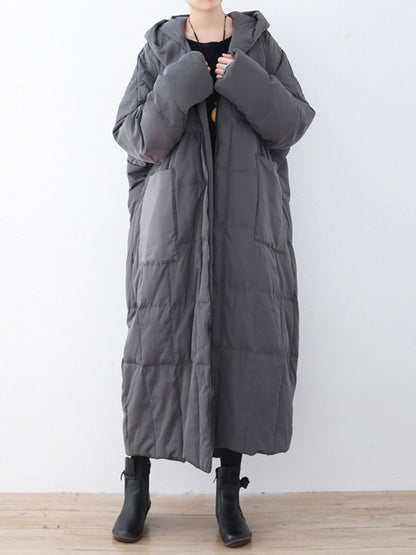Simple White Duck Down Over Knee Solid Color Zipper Hooded Down Wear Coat