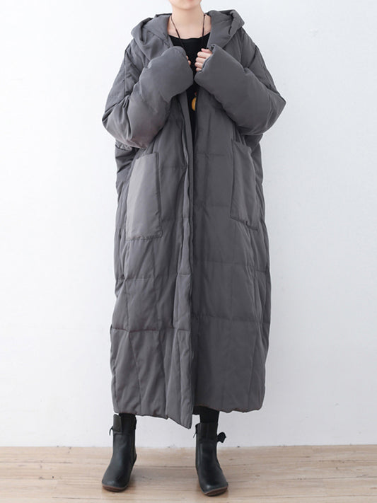 Simple White Duck Down Over Knee Solid Color Zipper Hooded Down Wear Coat