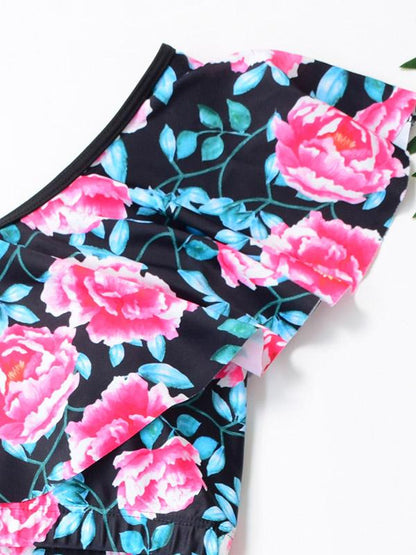 Sexy Single Shoulder Falbala Printed Tankini