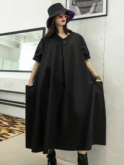 Vintage Loose Oversize V-neck Solid Dress