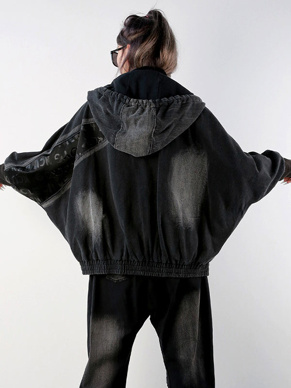 Stylish Cool Street Long Batwing Sleeves Letter Print Zipper Hooded Jackets&Coats