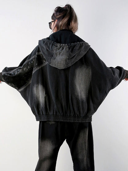 Stylish Cool Street Long Batwing Sleeves Letter Print Zipper Hooded Jackets&Coats