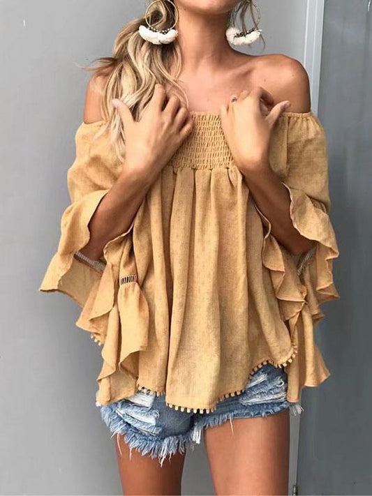 Solid Color Off-the-shoulder Backless Falbala Blouses&shirts Tops