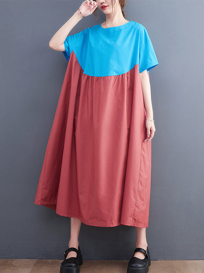Original Loose Contrast Color Pleated Midi Dress