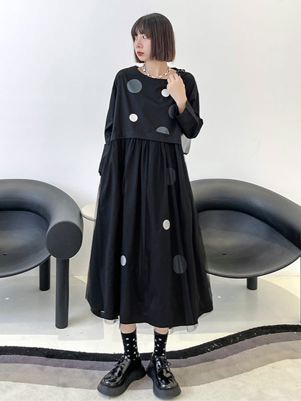 Stylish Split-Joint Pleated Polka-Dot Round-Neck Long Sleeves Midi Dress