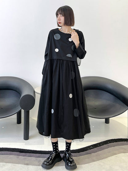 Stylish Split-Joint Pleated Polka-Dot Round-Neck Long Sleeves Midi Dress