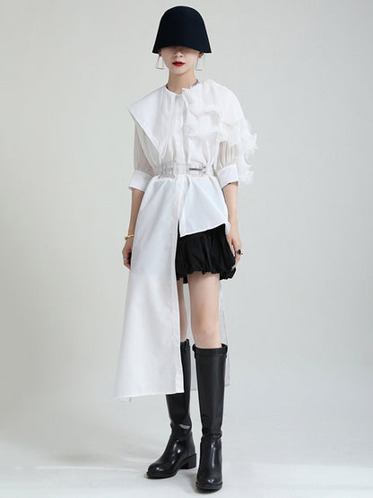 Stylish Irregular 4 Colors Split-Joint Pleated Mesh Falbala Buttoned Lapel Collar Bishop Sleeves Blouse