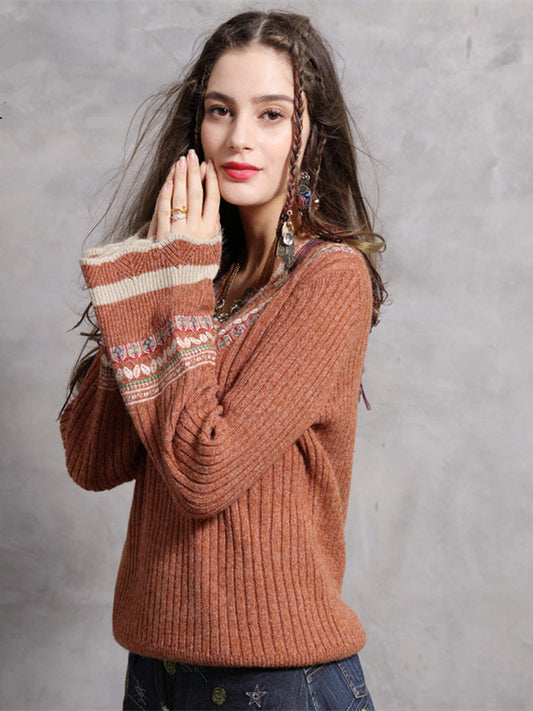 Fashion sexy wool flare sleeve pullover V-neck Vintage embroidered sweaters