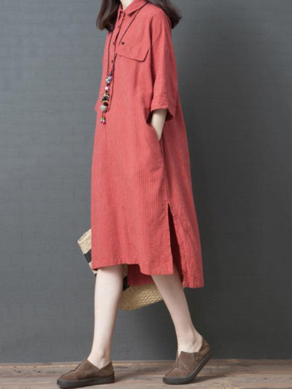 Casual Striped Cotton Long Shirt Dress
