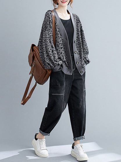 Original Leopard Buttoned V-Neck Long Sleeves Outwear