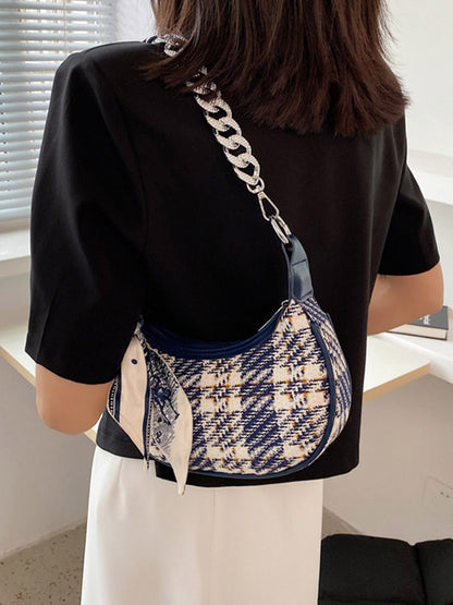 Original Chic Plaid With Chain&Scarf Zipper Canvas Shoulder Bag